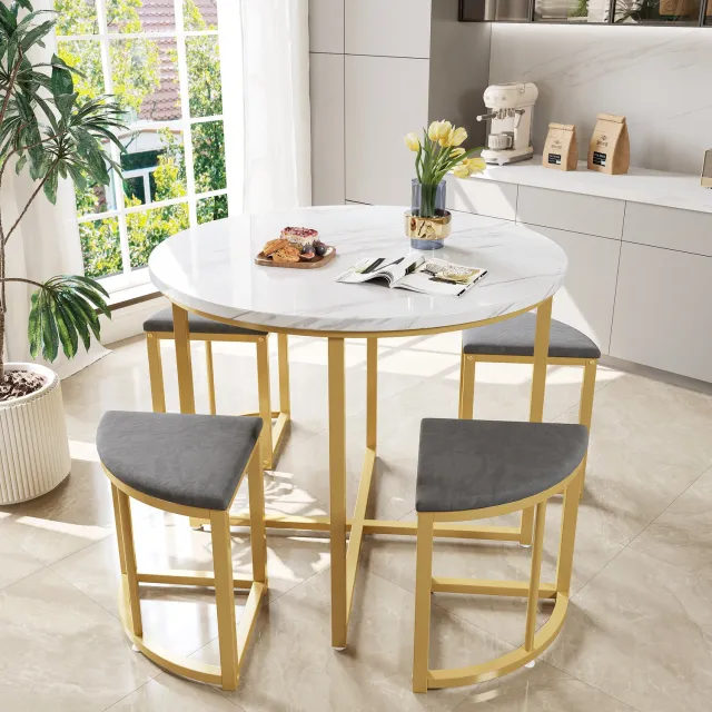 Vovtenza eetkamerset set van 5 - 80x80cm Ronde Eettafel Met 4 Fluwelen Stoelen - Wit MDF - Goudkleurig metalen poten - Grijze fluwelen eetkamerstoel Wit+grijs