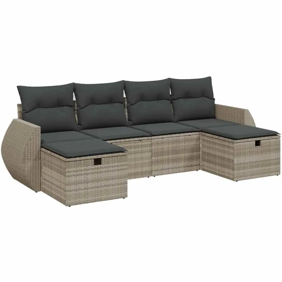 vidaXL 6-delige Loungeset met kussens poly rattan lichtgrijs grijs, foto 3
