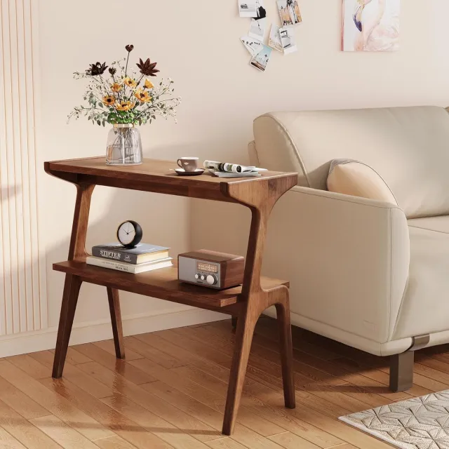 Tribesigns Smalle Bijzettafel voor Woonkamer - 2-Laags Slanke Bankbijzettafel met Massief Houten poten - Rustiek Bruin - Moderne Hoge Bijzettafel met Plank, Boerderij Lang Nachtkastje