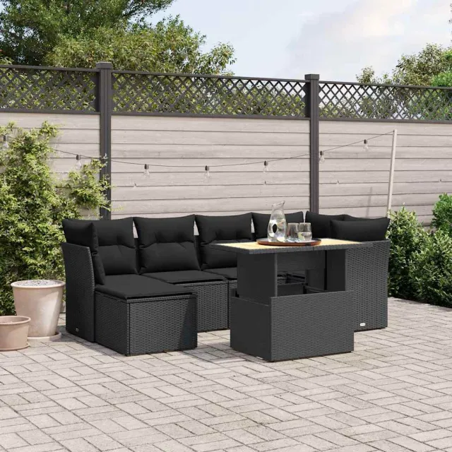 vidaXL 7-delige Loungeset met kussens poly rattan zwart, foto 2