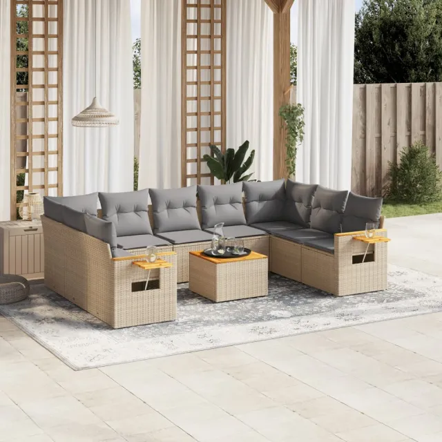 vidaXL 10-delige Loungeset met kussens poly rattan beige, foto 2