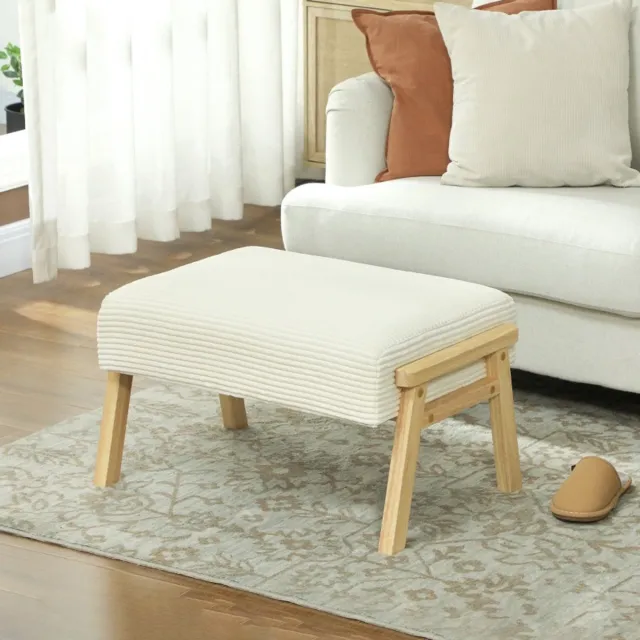 OKWISH Voetenbankje Comfortabel – 70 x 46 x 40 cm – Stof En Hout – Crèmewit – Zachte Zitkruk Voor Woonkamer Of Slaapkamer – Retro Design Cream White