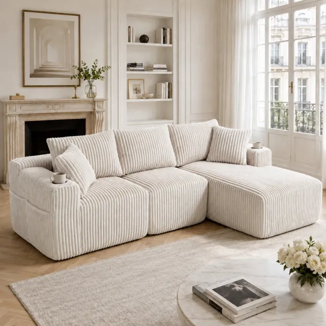 Zubaliya Modulaire Hoekbank met Chaise Longue – Beige Corduroy Bank 3-Zits – Bank met 5 Kussens, Cuphouder en Zijvakken – Lounge Sofa voor Woonkamer