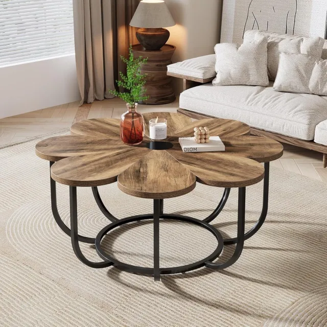 Tribesigns Salontafel - 100×100×50 CM - Moderne Salontafel in Bloemvorm met Tafelblad van Kunstmarmer - Bruin en Zwart - Voor Woonkamers