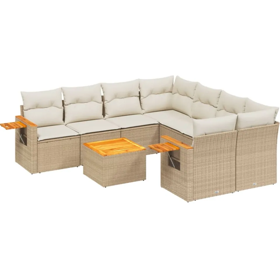 vidaXL 9-delige Loungeset met kussens poly rattan beige