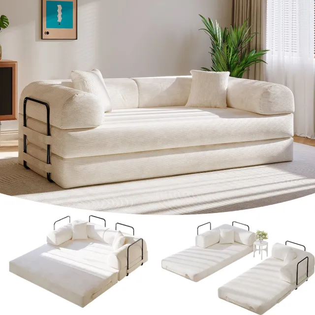 Mihtrov Slaapbank 2 zits - 5-in-1 Opvouwbare Zitbank - Tweezits Slaapbank - 200L x 91B (182B) x 68H cm - Modulaire Futon Bank - Corduroy - Uitschuifbare Loveseat Slaapbank voor Woonkamer, Kantoor of Appartement - Beige