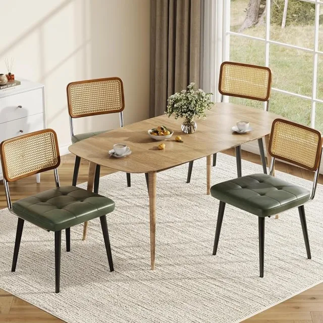HOERFURIY Set van 4 eetkamerstoelen met rotan rugleuning - donkergroen PU-leer - zonder armleuningen voor keuken en restaurant