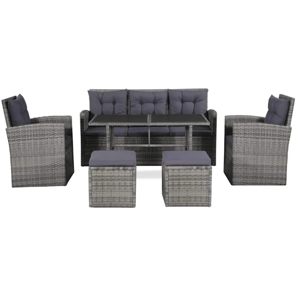 vidaXL 6-delige Loungeset met kussens poly rattan grijs, foto 3