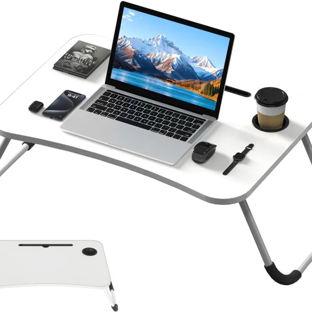 LZQ Opvouwbare laptoptabel voor bed & bank 60 x 40 x 28 cm Notebooktafel Bedtafel met bekerhouder, tafelsleuf en bekersleuf Lichte notebooktafel van MDF voor bank, vloer (wit)