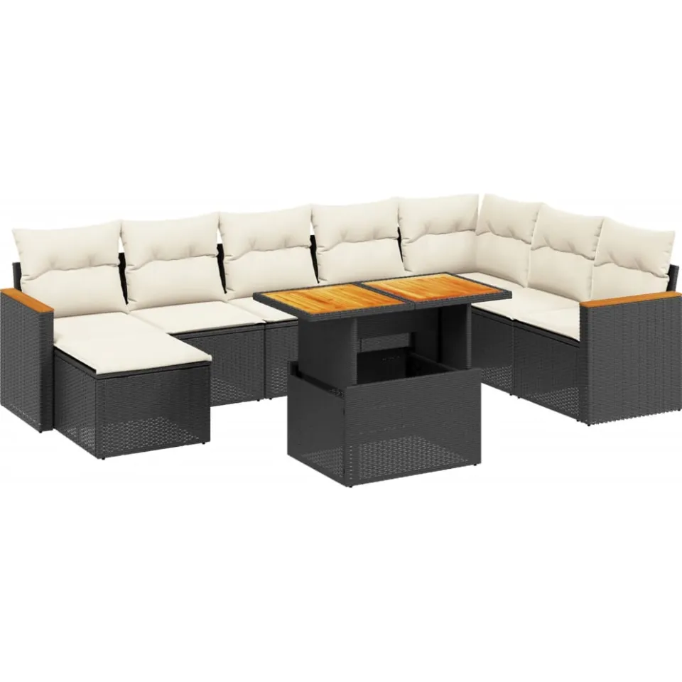 vidaXL 9-delige Loungeset met kussens poly rattan zwart