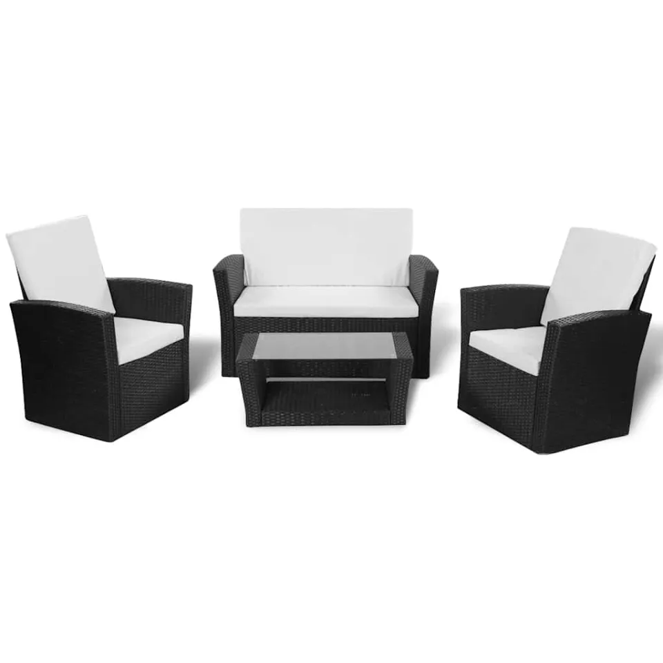 vidaXL 4-delige Loungeset met kussens poly rattan zwart, foto 3
