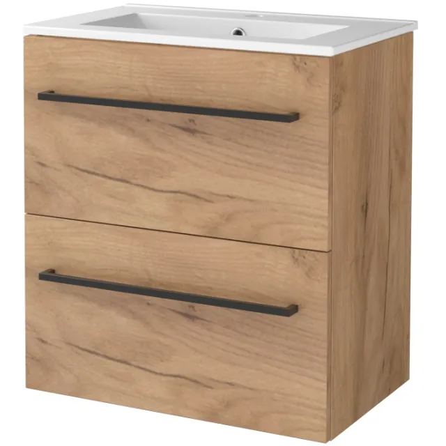 Boss & Wessing Badmeubelset BWS Salt 60x39cm Met Grepen 2 Lades Met Wastafel 1 Kraangat Whisky Oak Bruin