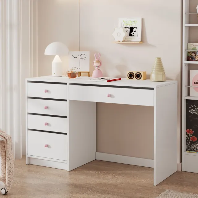 FloraGrace Bureau - Met 5 Lades En Roze Keramische Grepen - Wit - Spaanplaat - 120x45x74 Cm