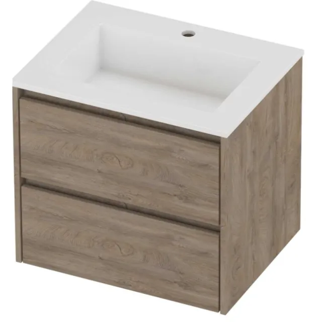 Proline Aristo Badmeubelset Polystone Elegant 1 Kraangat Symmetrisch 60x46x54 cm Glans Wit Raw Oak Eiken