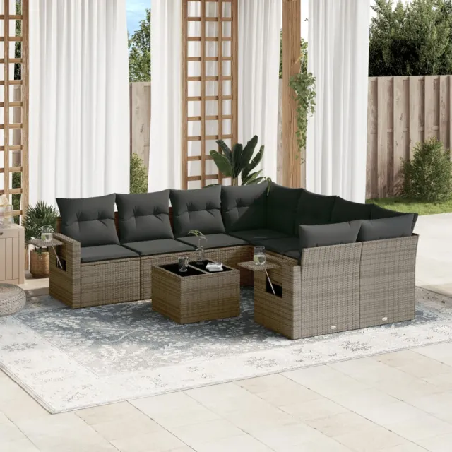 vidaXL 9-delige Loungeset met kussens poly rattan grijs, foto 2