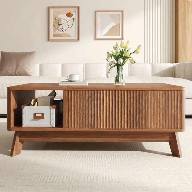 MODFU Salontafel - Verstelbaar Blad - Golfstructuur - MDF - Walnootkleur