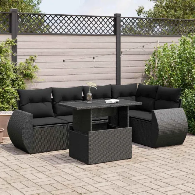 vidaXL 6-delige Loungeset met kussens poly rattan zwart, foto 2