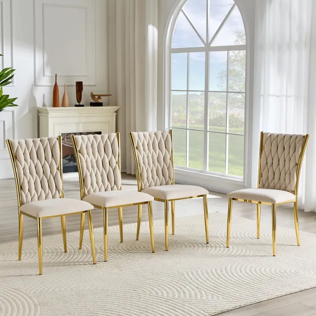 Welltin Eetkamerstoel - set van 4 - Fluwelen stoel - Beige stoel - Gestoffeerde stoel - Moderne eetstoel - Kuipstoel - Keukenstoel - Handgeweven patroon - Metalen poten - Luxe stoel - Zachte velvet stoel - Stoel voor woonkamer en eetkamer - Beige
