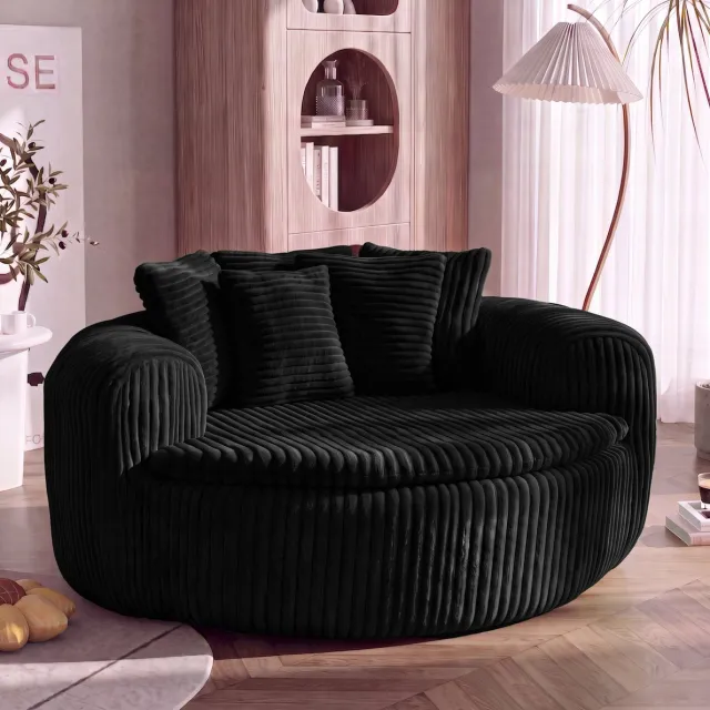REDOM Fauteuil - Diepe gewatteerde zitting - met 5 losse kussens en armleuningen - Loungesessel - Woonkamer of leeshoek - Cordstof - Zwart - 145 x 133 x 59 cm