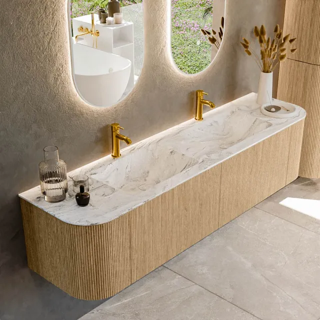 Mondiaz KURVE-DLUX 180 cm Onderkast Greeploos 2 Lades Met Deuren Oak, Wastafel Solid Surface Dubbel Glace 2 Kraangaten Zonder Spiegel (KRVLEA180L+R2L2D2KD-Oak/Gla)