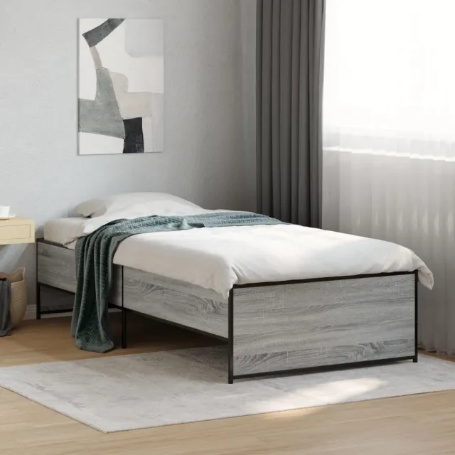 vidaXL Bedframe bewerkt hout en metaal grijs sonoma eiken 75x190 cm