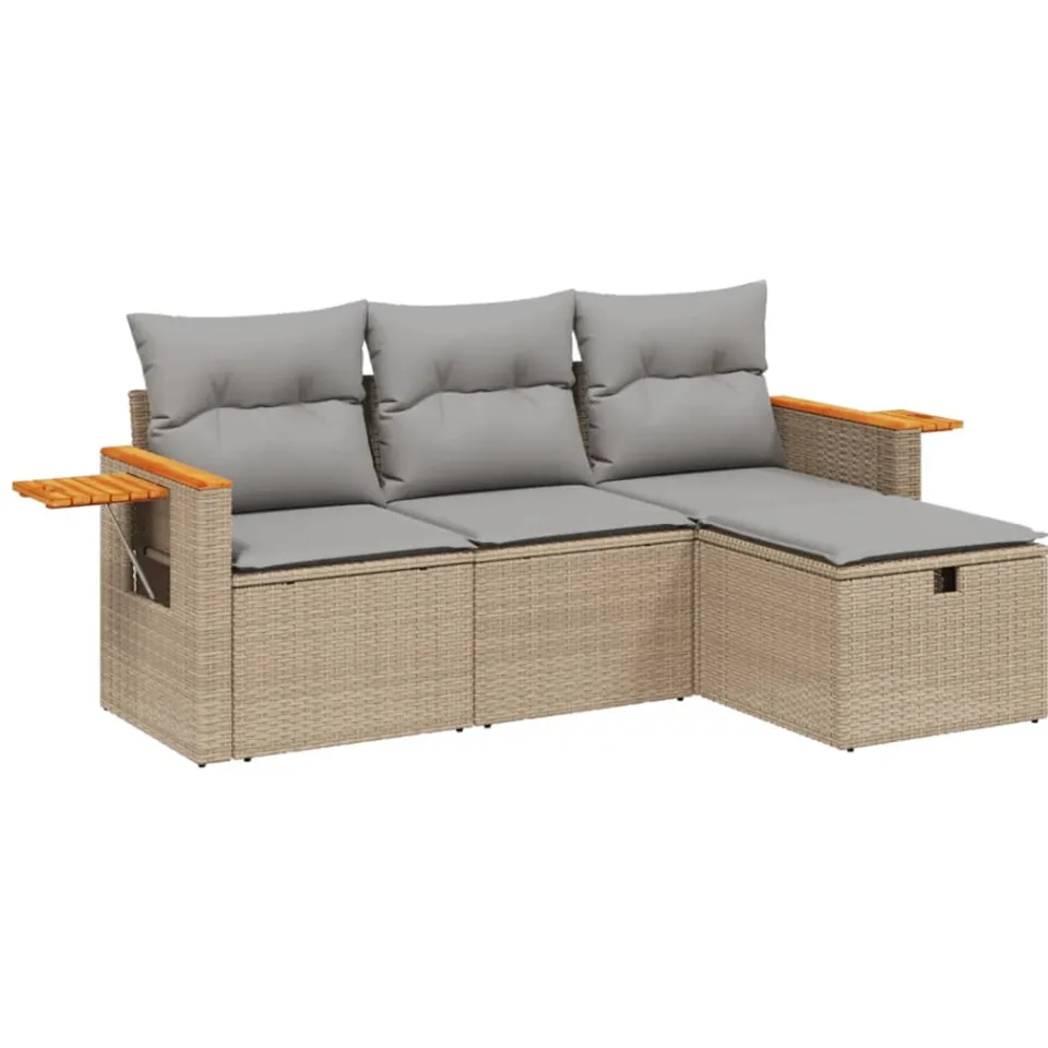 vidaXL 4-delige Loungeset met kussens poly rattan gemengd beige, foto 3