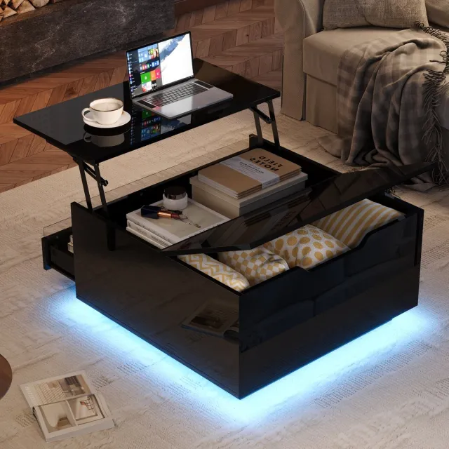 MIVRAY Salontafel - Hefbaar Blad Met Led En Lade - Voor Woonkamer Met Verborgen Opbergruimte - Zwart Spaanplaat - 70x70x38 Cm