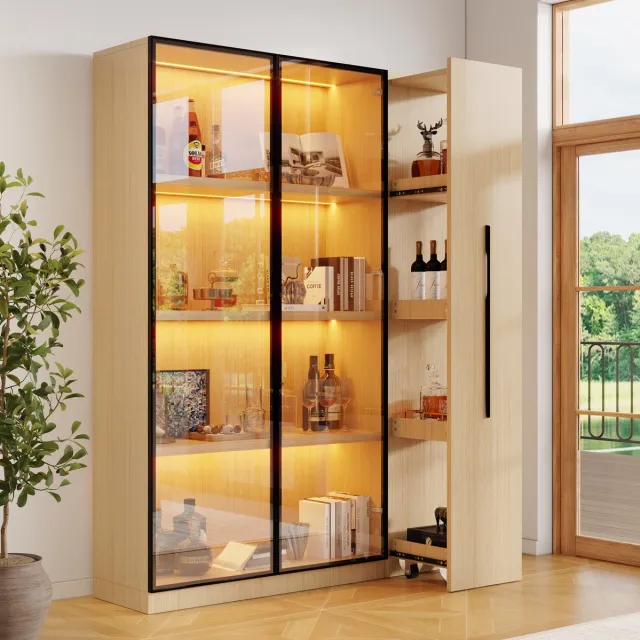 HAUSS SPOLE Boekenkast - Multifunctionele Vitrinekast Met Led En Uittrekbare Zijplank - Voor Woonkamer En Kantoor - MDF - Eiken - 110,5x35x160 Cm Oak