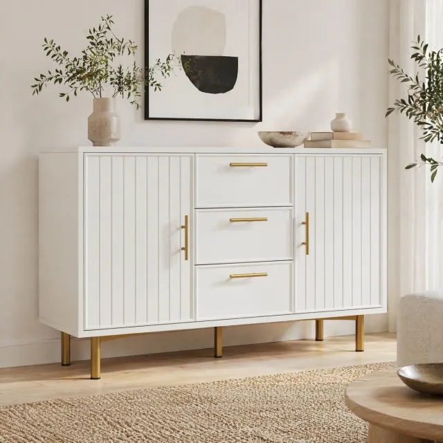 MEUNIQ Dressoir met 2 deuren en 3 lades, 120 x 40 x 75 cm, verstelbare legplanken, metalen poten en gouden handgrepen, wit