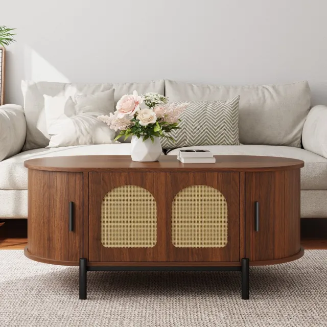 STILVORA Salontafel - Ovale Tafel Met Rotan Schuifdeuren En Opbergruimte - Voor Woonkamer - MDF - 100x50x40 Cm - Walnoot Wit