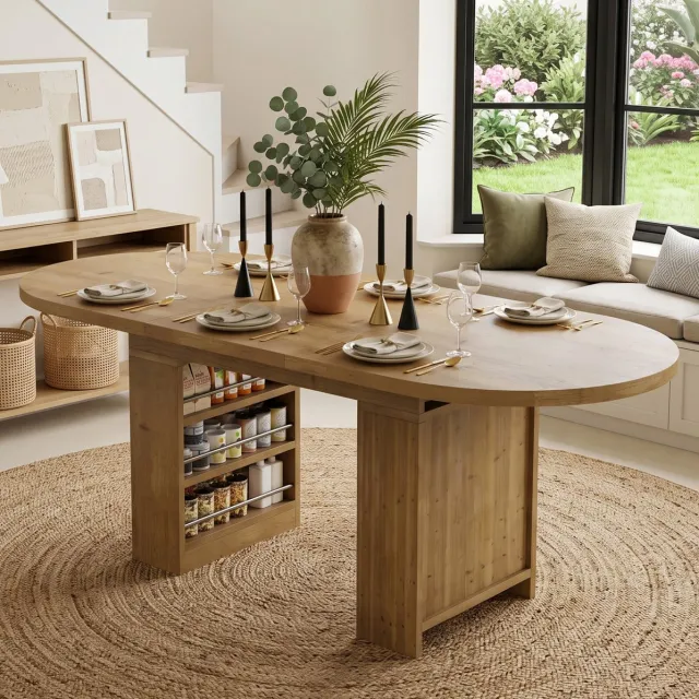 MEUNIQ Uitschuifbare eettafel 150/200 x 90 x 76 cm met open opbergvakken, tafel voor 6-8 personen in Scandinavische stijl voor eetkamer, eiken