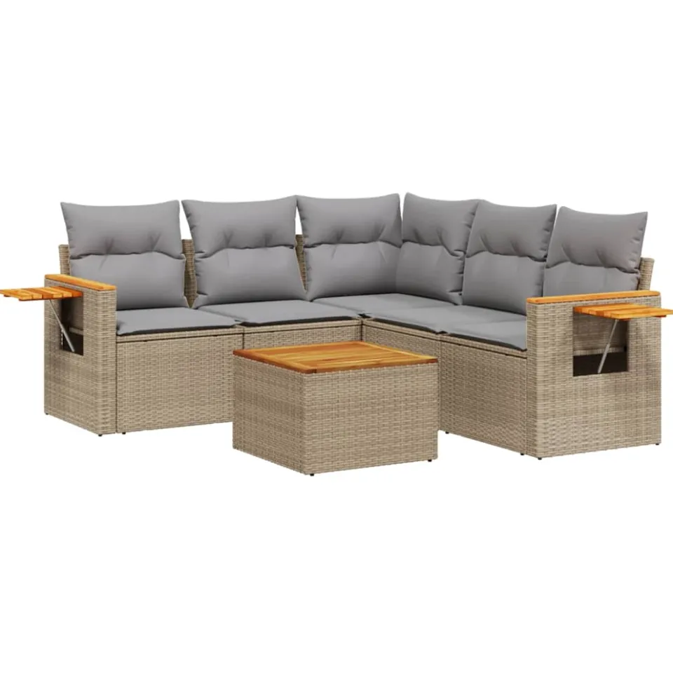 vidaXL 6-delige Loungeset met kussens poly rattan beige, foto 3