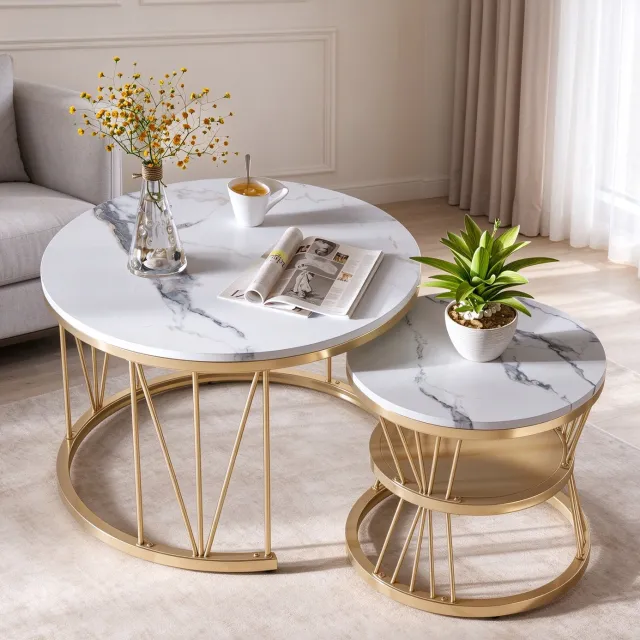 ROSAHQNDA Salontafelset van 2, ronde salontafel met V-vormig metalen onderstel, tafelblad met marmerlook, moderne woonkamertafel, wit MDF en goud