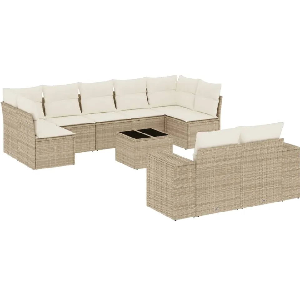 vidaXL 10-delige Loungeset met kussens poly rattan beige, foto 3
