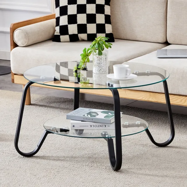 DESMIU Salontafel - Ronde Dubbele Glaslaag Met Metalen Frame - Voor Woonkamer En Kleine Ruimtes - Metaal En Glas - 80x80x45 Cm - Zwart