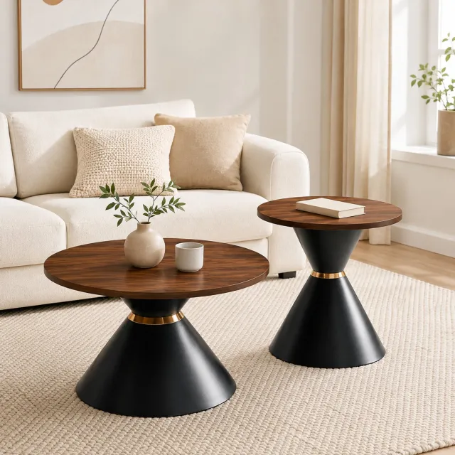 WUVRIE Set van 2 ronde salontafels - Ø 70 en Ø 50 cm - Walnootlook en zwart metaal