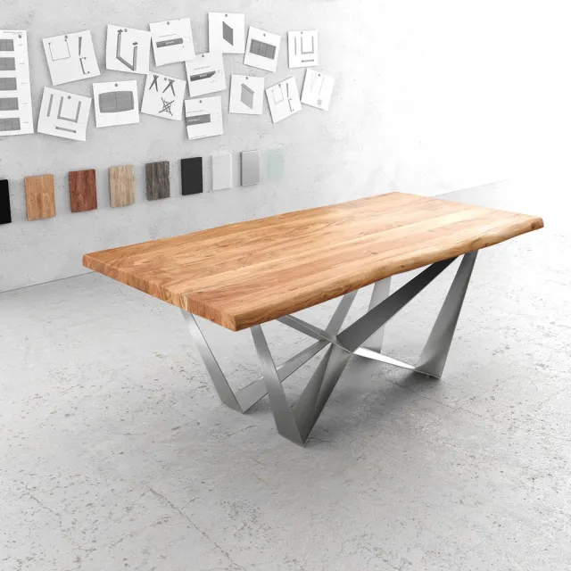 DELIFE Eettafel Edge acacia natuur 200x100 XL Spider vlak staal edelstaal Live-Edge eettafel Bruin