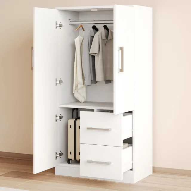 MEUNIQ kledingkast 70 x 40 x 135 cm met dubbele deuren, 2 lades en opbergvakken, staande garderobekast voor kinderkamer of slaapkamer, wit