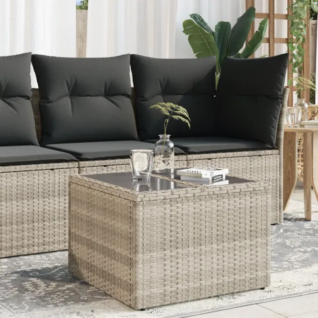 vidaXL Tuintafel met glazen blad 55x55x37 cm poly rattan lichtgrijs grijs