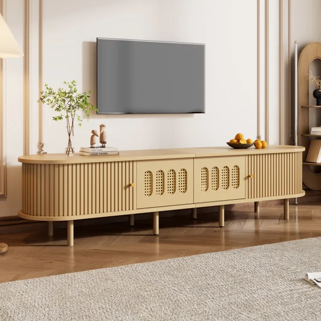 HAUSS SPOLE Tv-Meubel - Rattanlook Met Twee Kastdeuren En Twee Roldeuren - Voor Televisies Tot 75 Inch - MDF - 180x40x40 Cm - Naturel