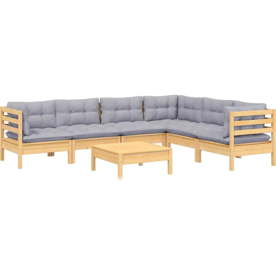 vidaXL 7-delige Loungeset met grijze kussens massief grenenhout grijs