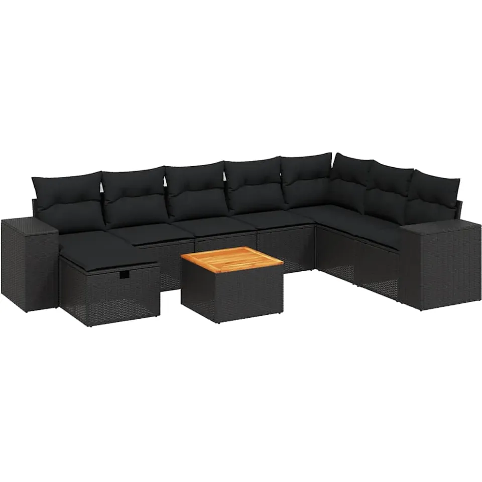vidaXL 9-delige Loungeset met kussens poly rattan zwart, foto 3