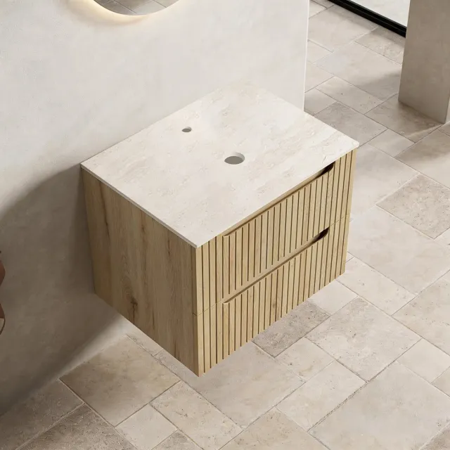 REDOM Badkameronderkast - 2 lades - Travertijnkleurig sinterstenen werkblad - Zonder wasbak - Staand model - Multiplex - Licht eiken - 60 x 46 x 48 cm