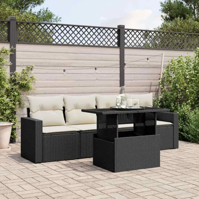 vidaXL 5-delige Loungeset met kussens poly rattan zwart, foto 2