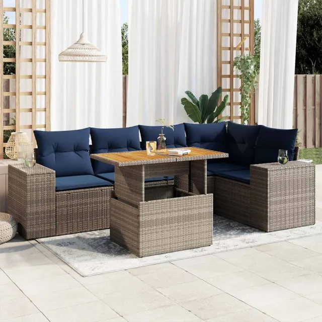 vidaXL 6-delige Loungeset met kussens poly rattan grijs, foto 2
