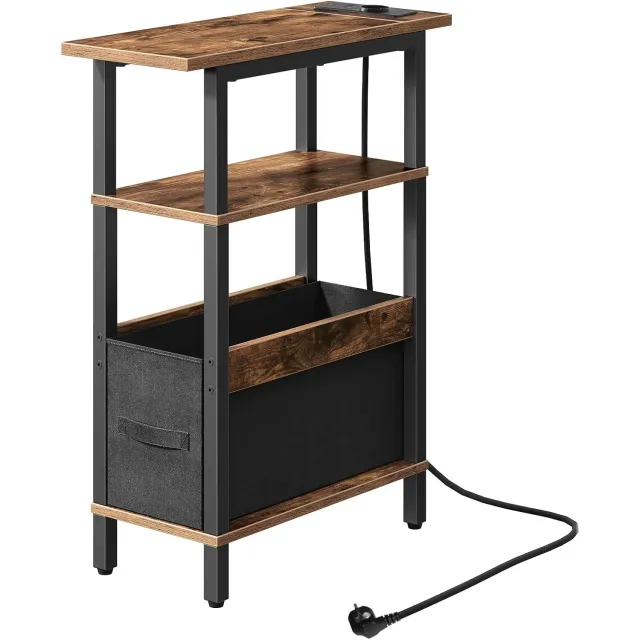 Homesy Slanke Bijzettafel met Laadstation, Nachtkastje met Verwijderbare Lade, Kleine Salontafel voor Beperkte Ruimte, Slaapkamer, Woonkamer, Kantoor, Rustiek Bruin en Zwart