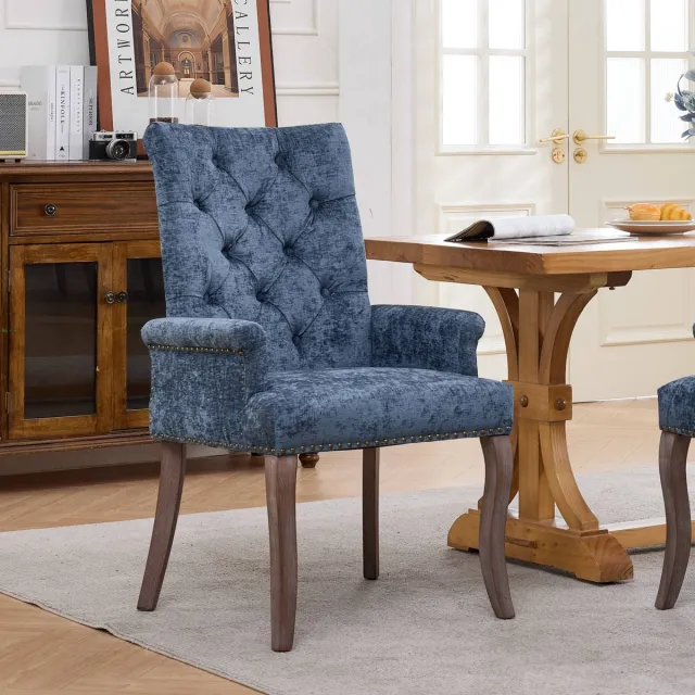 HAUSS SPOLE Eetkamerstoel Blauwe Gestoffeerde Chenille Met Armleuningen En Gekapitonneerde Rugleuning Voor Eetkamer En Woonkamer Blue