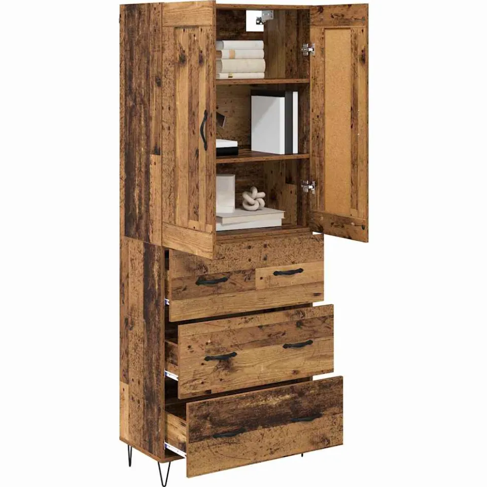 vidaXL Hoge kast Oud Hout 69,5 x 34 x 180 cm Bewerkt hout Bruin