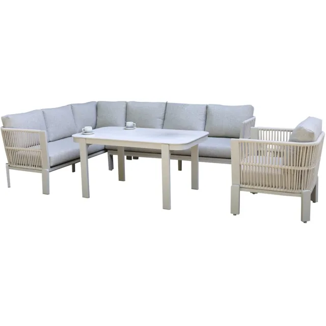 AVH-Collectie Veneto dining hoek loungeset 4 delig aluminium latte zand rope Zand / Latte / Linen