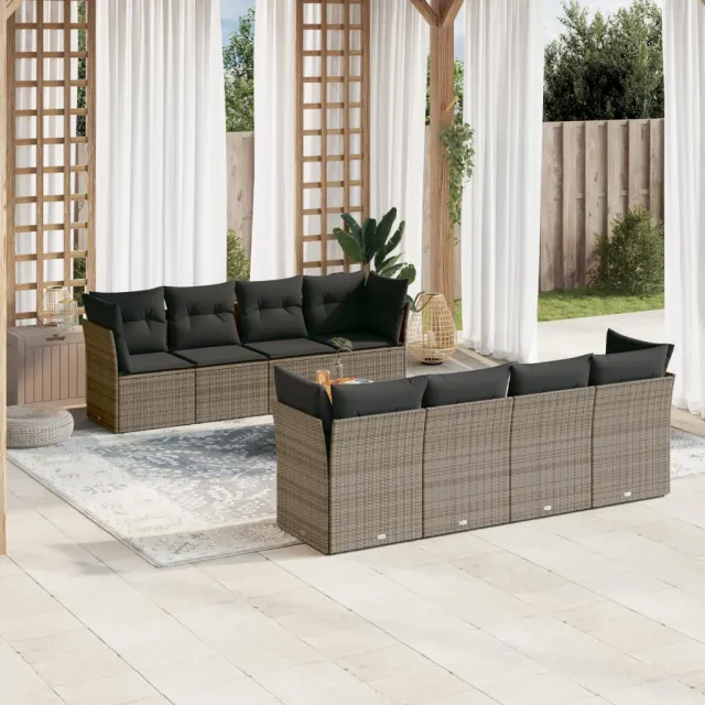 vidaXL 9-delige Loungeset met kussens poly rattan grijs, foto 2